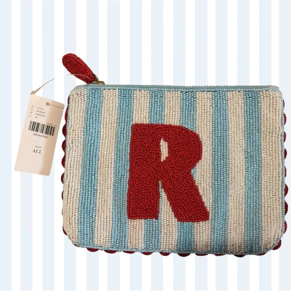 NWT Anthropologie 2025 Beaded Striped Monogram Pouch Letter “R” - Picture 1 of 2